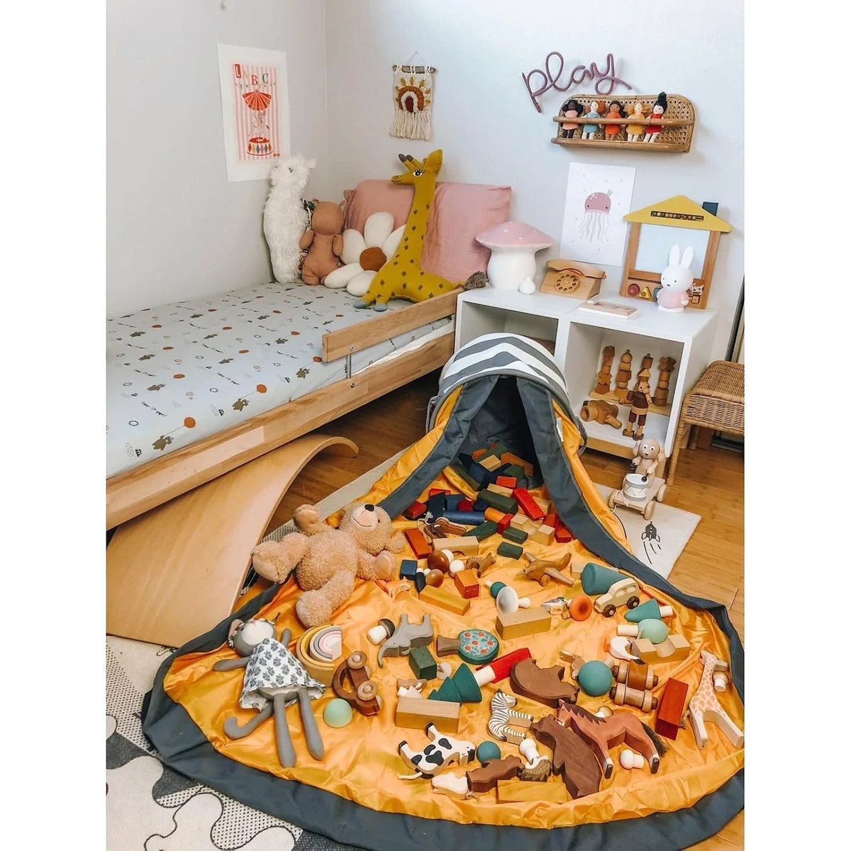 SlideAway Play Mat & Toy Bag by Creative QT, gray & white stripe